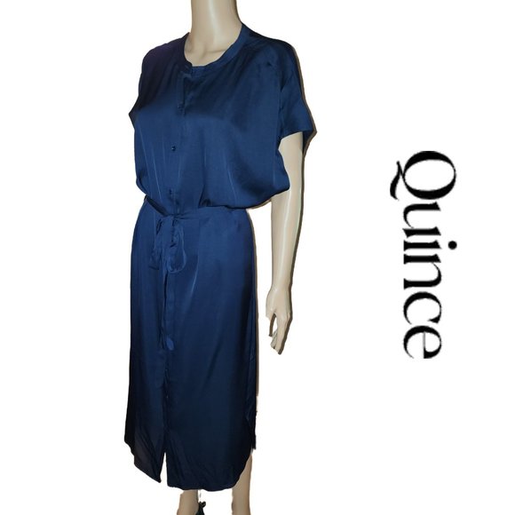 Quince Dresses & Skirts - Quince Washable Stretch Silk Midi Shirt Dress NWT Navy Med